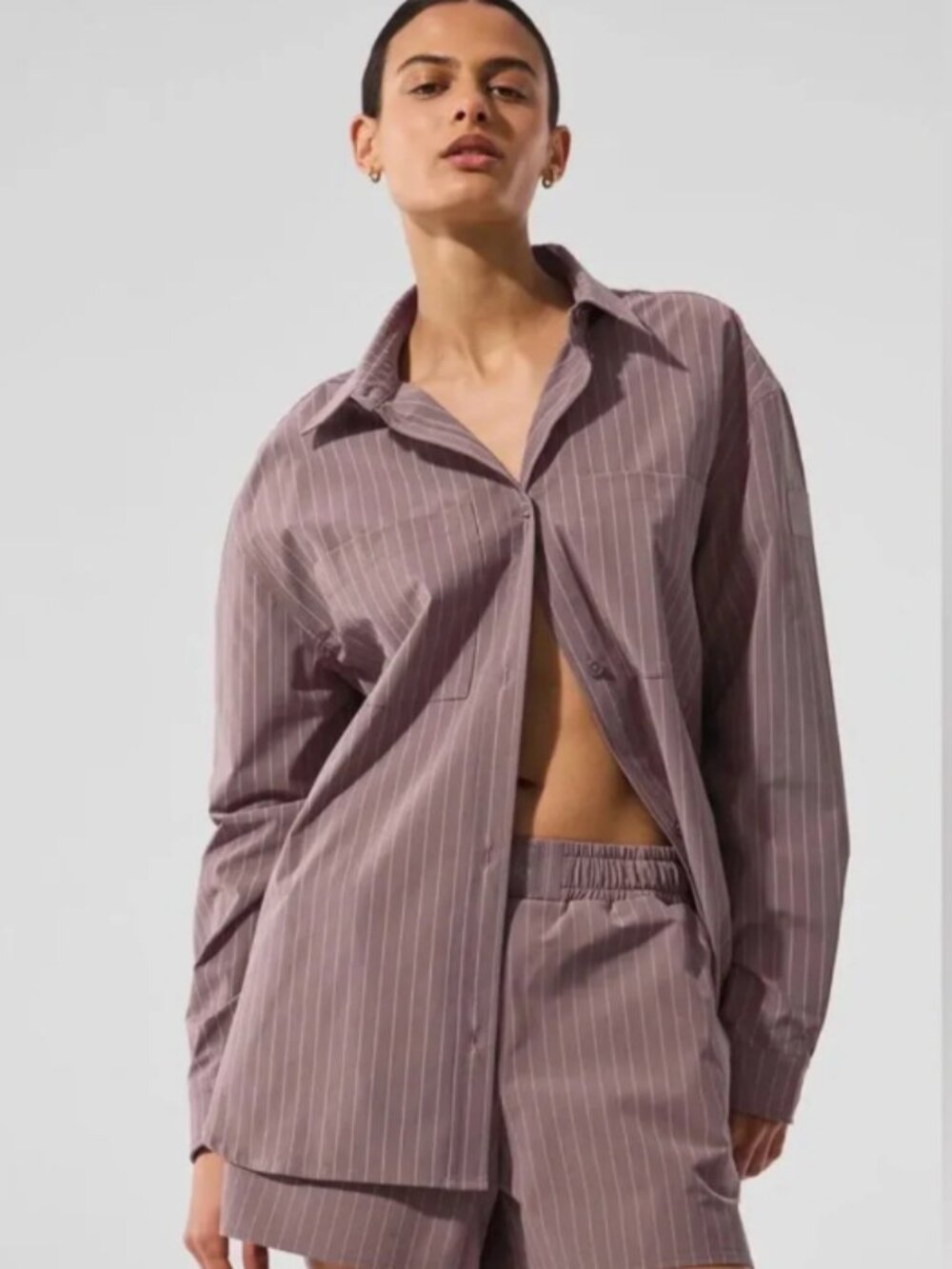 Alo Pinstripe Daylight Button Down Long Sleeve Top - Mushroom/Ivory - Small